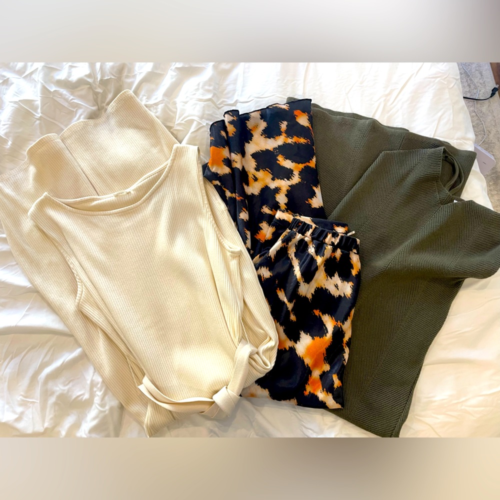 Knit dress cream, leopard slip skirt, olive knit dress BUNDLE
